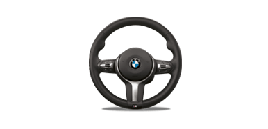 Isolated shot of a BMW steering wheel set against a white background