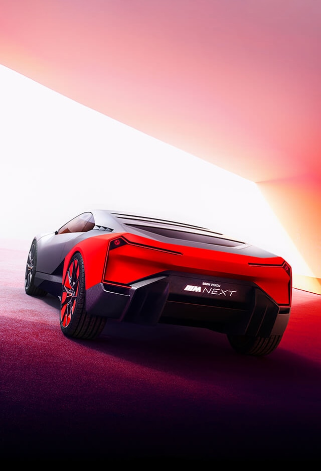 Rear view of the BMW Vision M Next showing louvered window