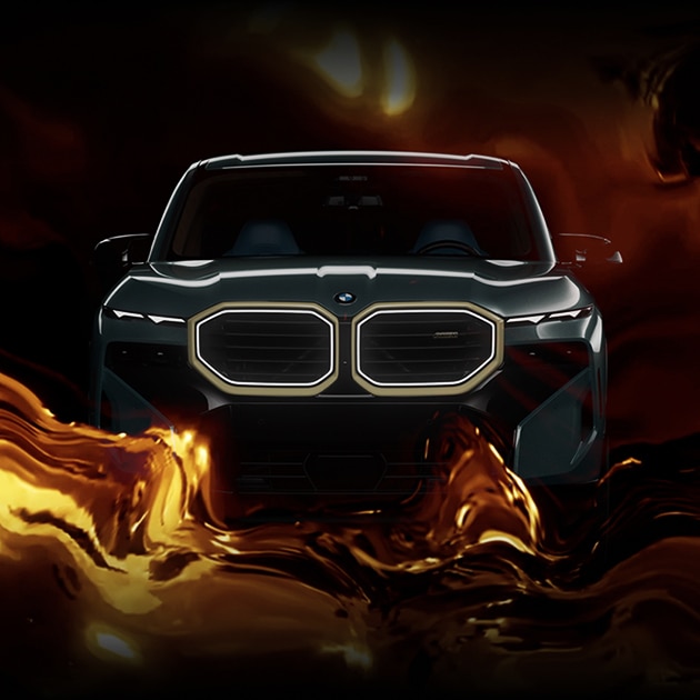 Abstract colorful image with the BMW XM's silhouette emerging and illuminated kidney grille shining through