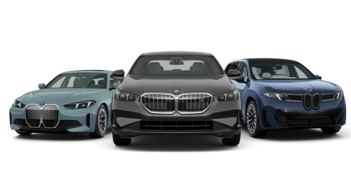 Three BMW all-electric models parked side by side