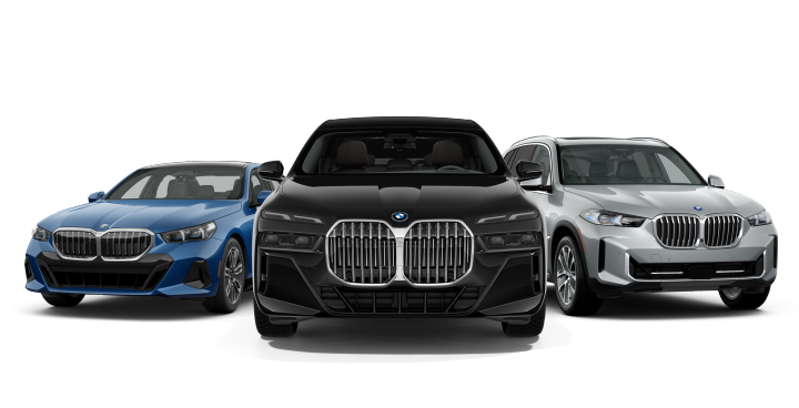 Three BMW plug-in hybrid models parked side by side