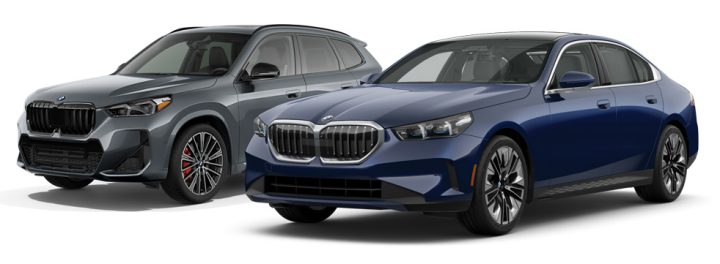 A BMW X1 SUV and 5 Series Sedan parked side-by-side 