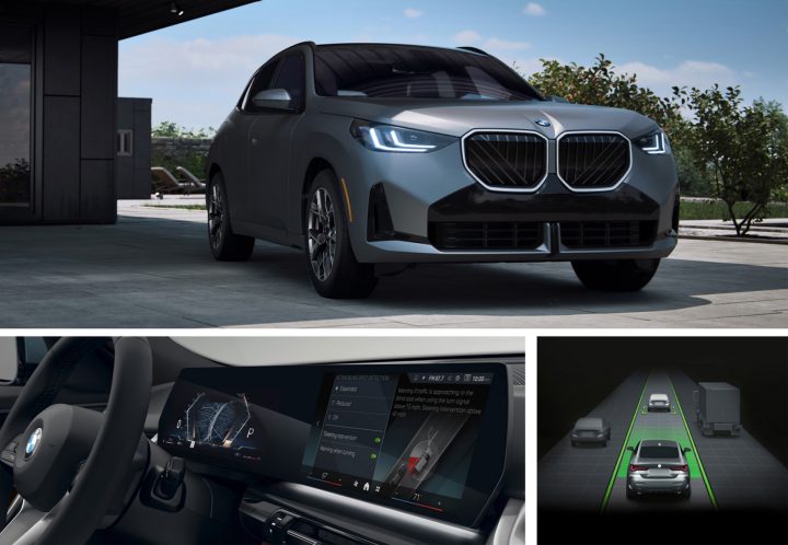 BMW safety technology illustrated by exterior views and digital screens