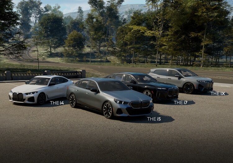 A landscape image showing the BMW i4, i5, i7, and iX in a scenic parking lot.
