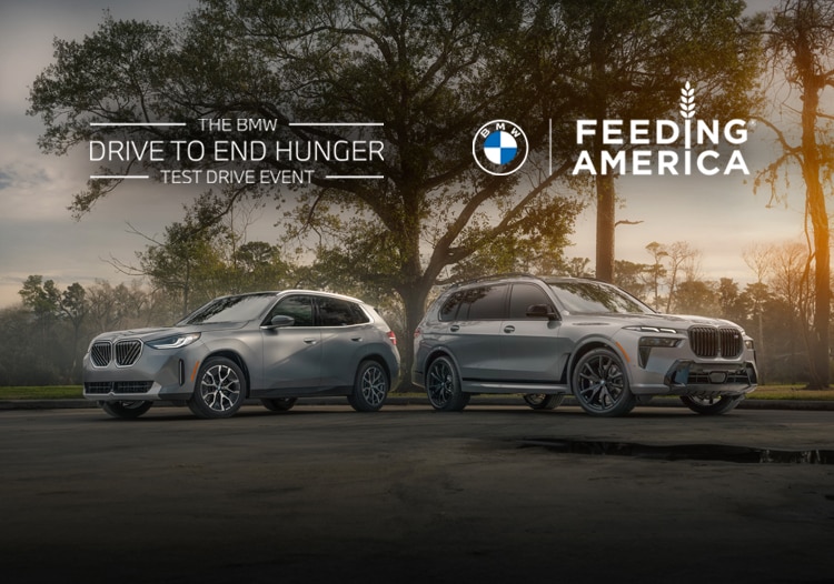 The BMW Drive to End Hunger logo, the BMW logo, and the Feeding America logo side by side, with two BMWs below in front of a wooded landscape.