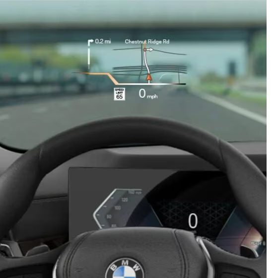 Detail of Head-up Display projecting important driving information on windshield