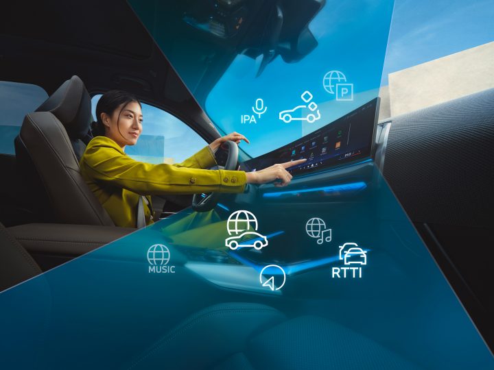 A woman enjoys her BMW Digital Premium subscription as icons depicting the range of technology surround her in the cabin