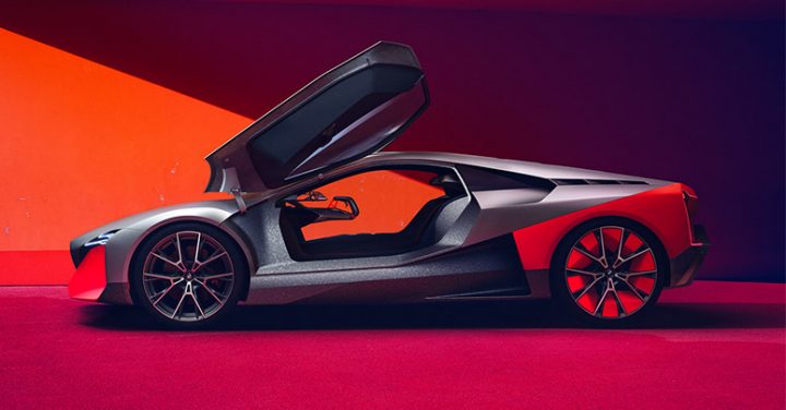 Side view of BMW Visioon M Next with gullwing doors open