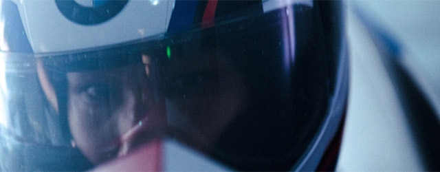 Front view of the BMW Two Man Bobsled racing down its track