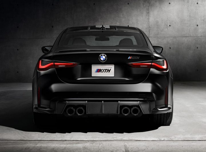 Rear view of the 2022 BMW M4 Competition x Kith showing exclusive trunk badge and quad exhaust tailpipes