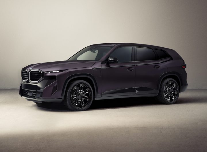 A three quarters shot of the BMW XM by Kith in frozen techno violet.