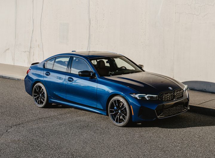 3/4 shot of a BMW M340i xDrive 50 Jahre Edition parked on a racetrack