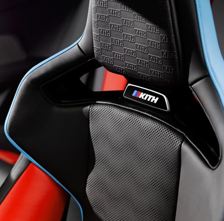 Detail of Kith badging on seats of the 2022 BMW M4 Competition x Kith