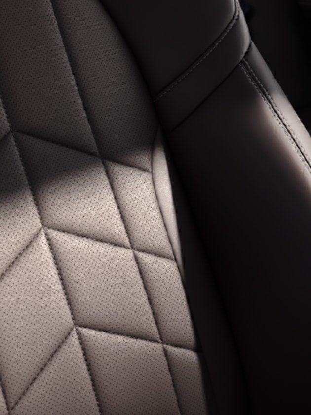 Detail shot of seats with vegan Veganza upholstery in Espresso Brown