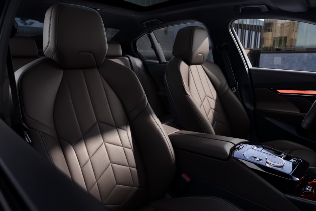 Interior view of front passenger seats clad in quilted Veganza upholstery
