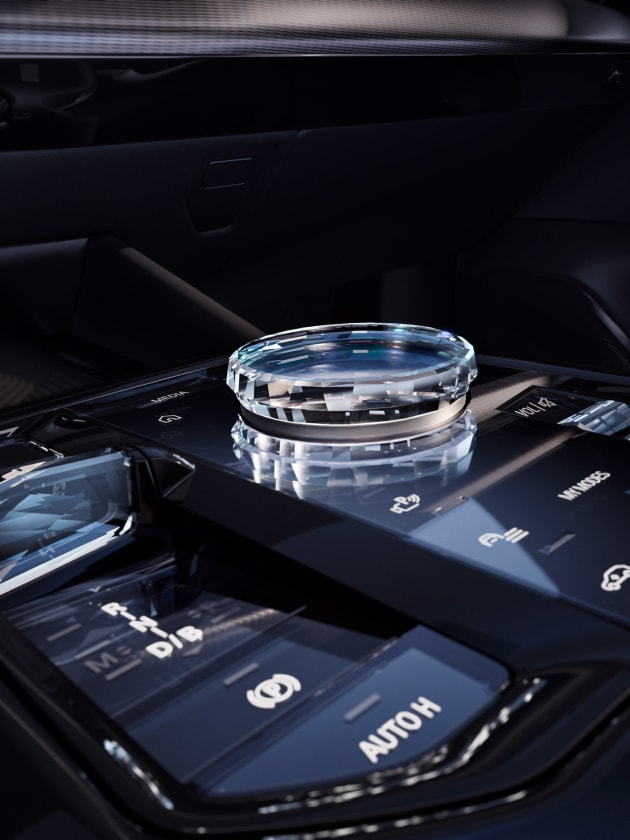 Close up of the BMW i5's  rocker switch for gear selection with optional Glass Controls