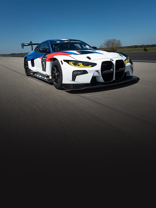 A BMW race car in team livery speeds down a straightaway on the track