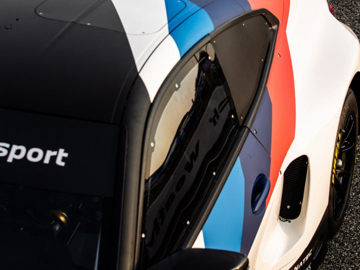 Detail of Makrolon windows on a BMW M4 GT3