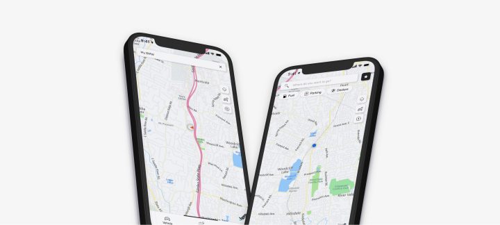 Navigation and maps from My BMW App displayed on phone screens
