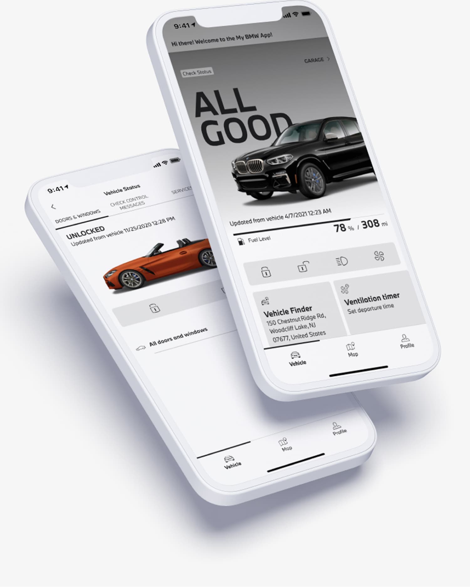 My BMW App featured on 2 phone screens