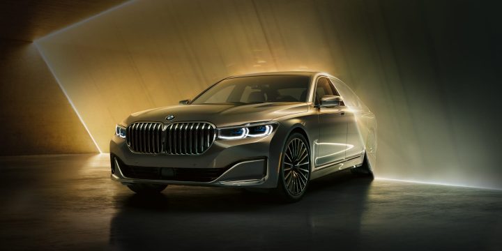 Frontal view of the BMW 7 Series Sedan in dramatic lighting