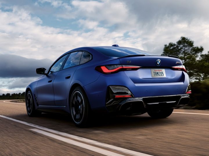Rear view of the BMW i4 M50 Gran Coupe showing M badging