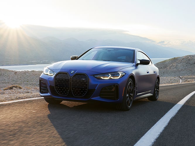 A BMW i4 M50 Gran Coupe shows off the stylish available Shadowline Package