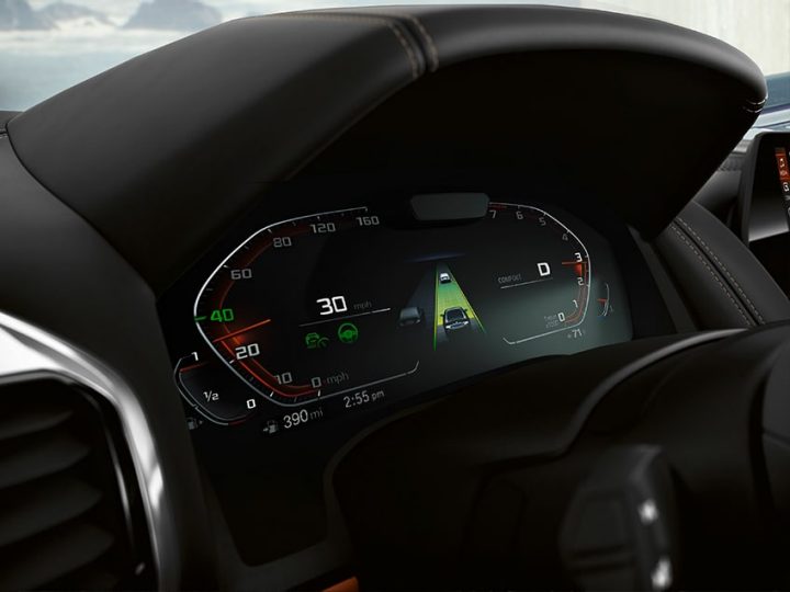 Detail of Digital Instrument Cluster showing safety information in a BMW 8 Series
