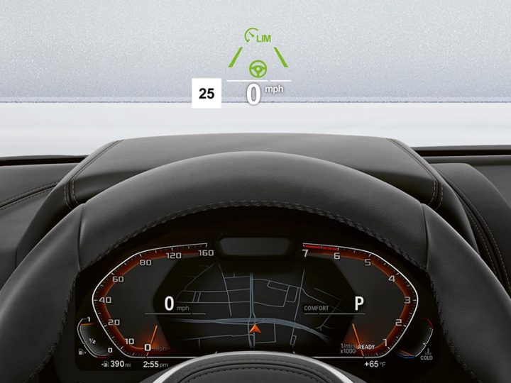 Driver's eye view of BMW 8 Series Gran Coupe Head-up Display and steering wheel
