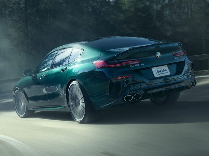 Rear view of the 2025 ALPINA B8 with model-specific aerodynamic kit