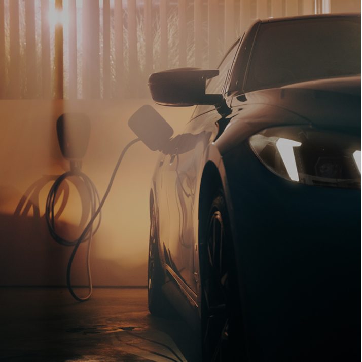 Detail of a BMW electric vehicle charging in a home garage with the BMW Wallbox