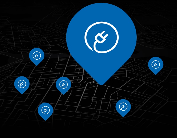 An opaque illustration of a map with several plug icons conveying the breadth of the BMW ChargingNetwork