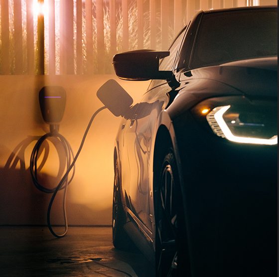 A BMW charging at a BMW Wallbox while parked inside a home garage