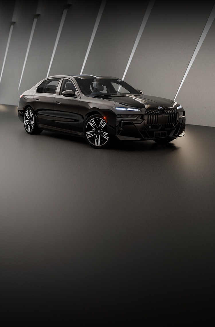 The BMW i7 in a dramatic studio space