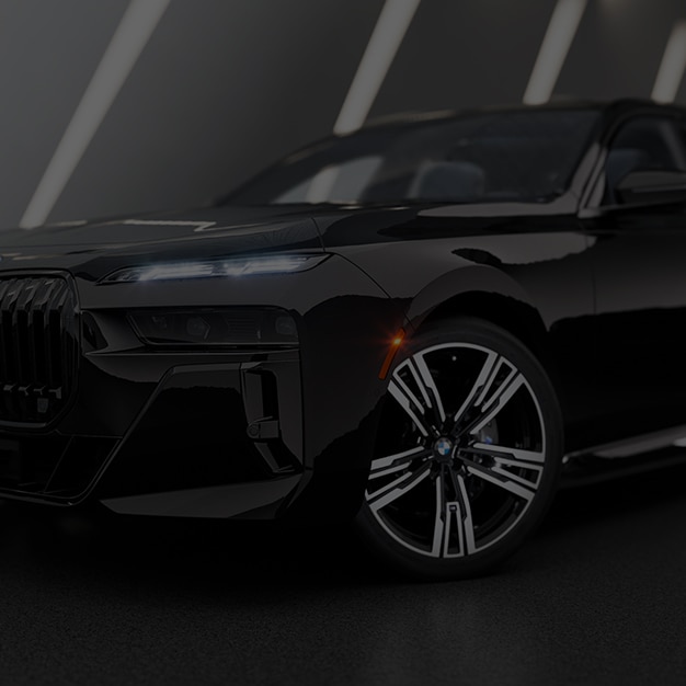 Close up of a BMW i7 in a dramatic showroom