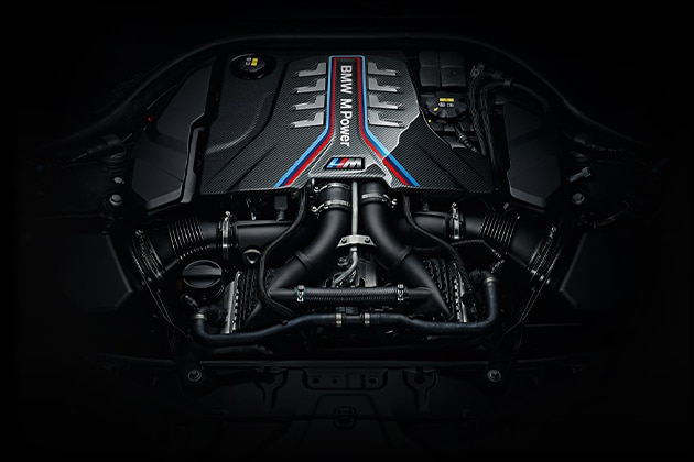 Detail of the M TwinPower Turbo V-8 engine in an M8 Competition Gran Coupe