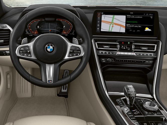Detail of the cockpit, including 12.3" Central Information Display in the 2026 BMW 840i Coupe
